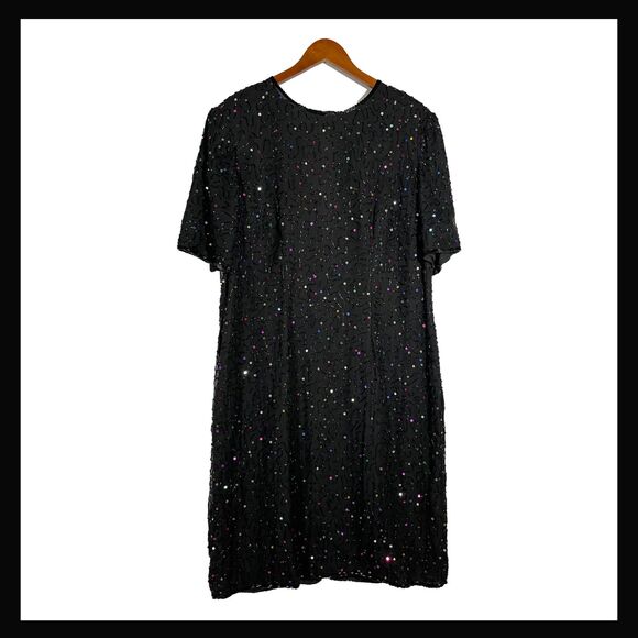 Vintage Silk Rainbow Sequin Black Beaded Jewel Tone Cocktail Dress Sz 20 - Picture 1 of 16